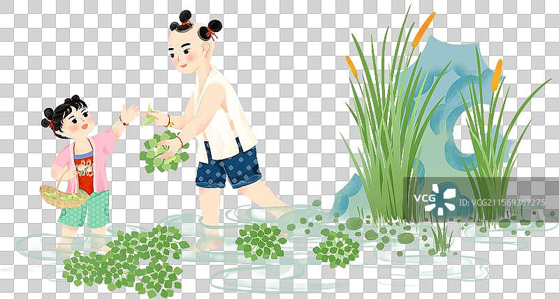 立秋男孩女孩采菱角菖蒲石头水国风插画图片素材
