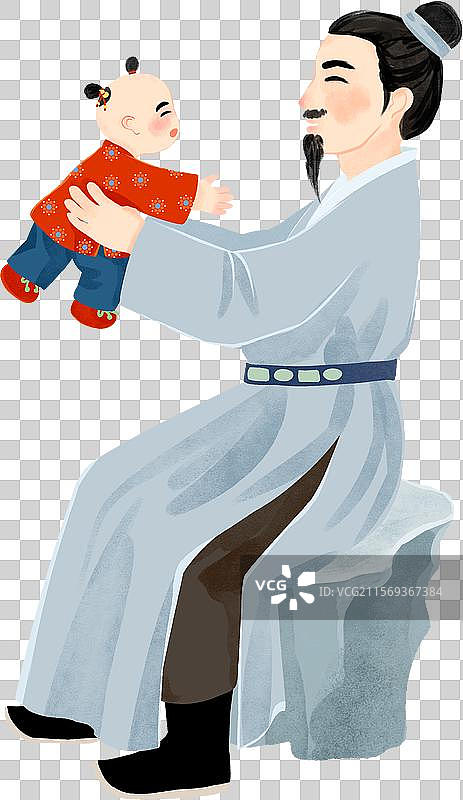 一个穿汉服父亲举着小婴儿国风插画图片素材