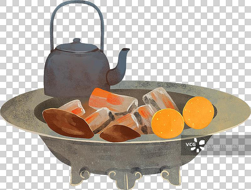 木炭火盆水壶烤红薯橘子插画图片素材