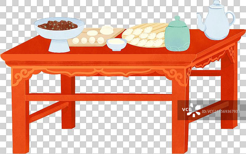 红木卓上放着包饺子案板瓷罐插画图片素材