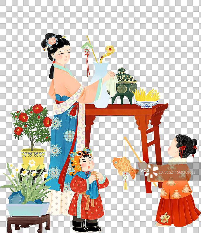 大寒水仙妇女打扫小孩玩耍节气国风插画图片素材