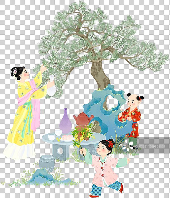 白露少女采露水松树石桌小孩节气国风插画图片素材