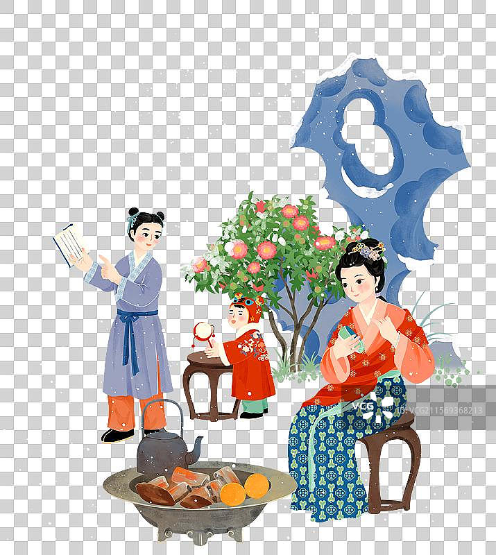 小雪妇女缝鞋子烤火少年读书节气国风插画图片素材