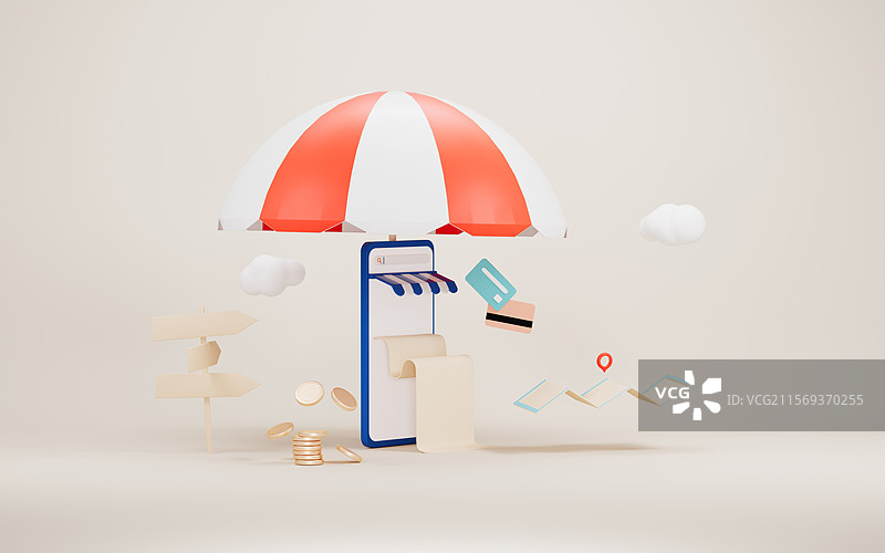 手机商店与网上购物概念3D渲染图片素材