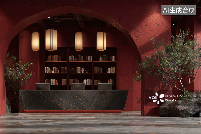 【AI数字艺术】现代中式风格接待处图片素材