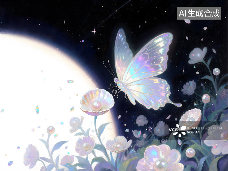 【AI数字艺术】飞舞的蝴蝶 花丛，柔光。幻想。梦幻。艺术。油画笔触。深色星空背景。蝴蝶翅膀和花瓣都反射贝壳珠光图片素材
