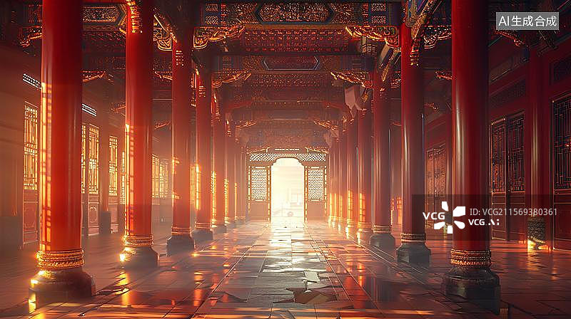 【AI数字艺术】朱红廊道的回响  东方意境的古建筑之美  红墙绿瓦间的静谧走廊图片素材