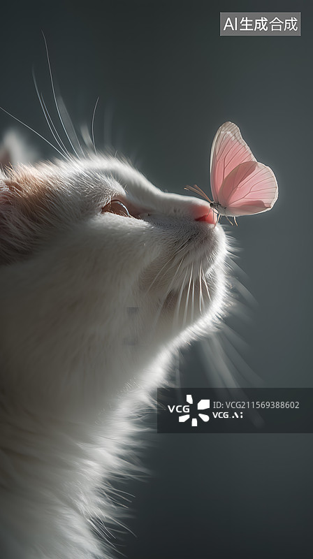 【AI数字艺术】白猫与蝶邂逅的静谧梦幻瞬间图片素材