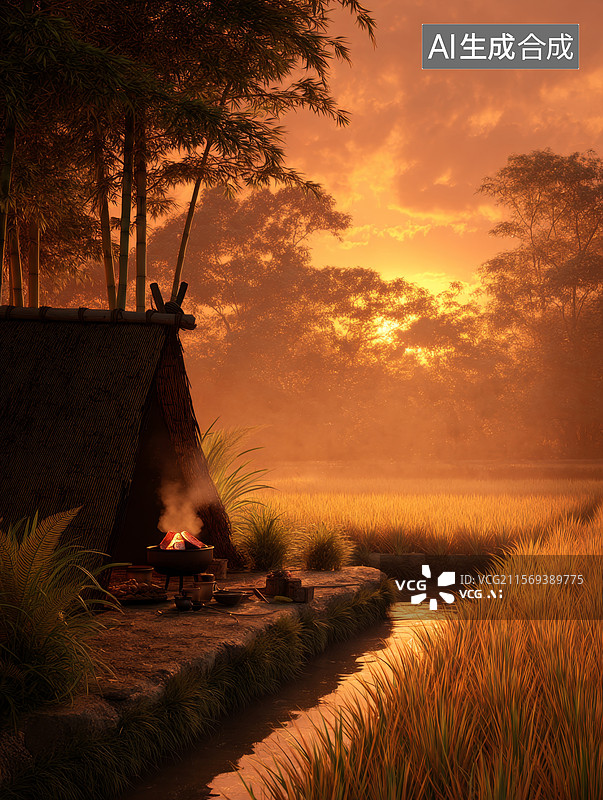 【AI数字艺术】日落时分的乡村小屋图片素材