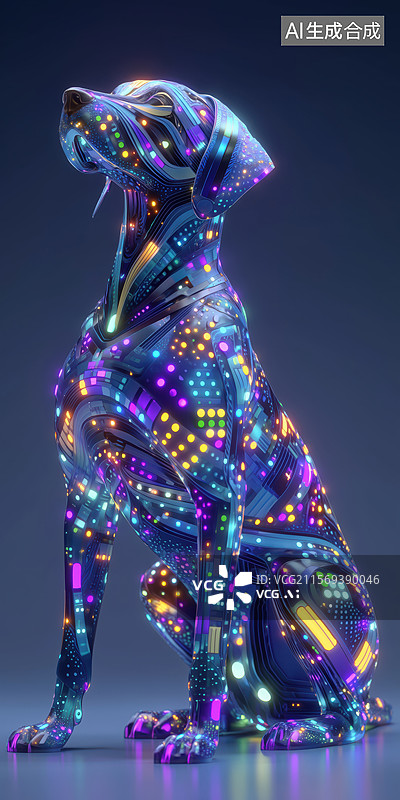 【AI数字艺术】科技荧光色透视全息狗狗宠物犬3D立体特效插画图片素材