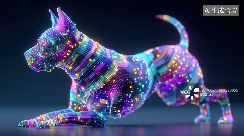 【AI数字艺术】科技荧光色透视全息狗狗宠物犬3D立体特效插画图片素材