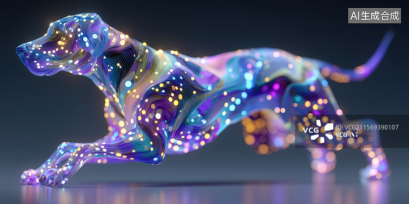 【AI数字艺术】科技荧光色透视全息狗狗宠物犬3D立体特效插画图片素材