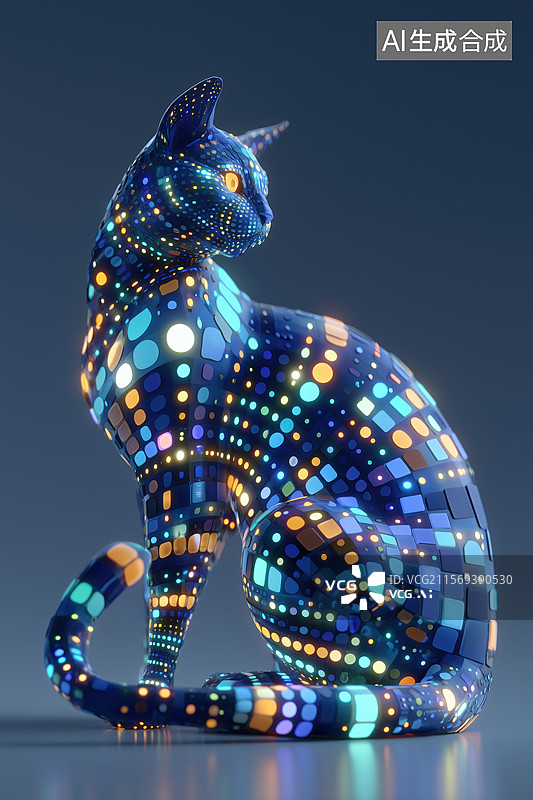 【AI数字艺术】科技荧光色透视全息猫咪宠物猫3D立体特效插画图片素材