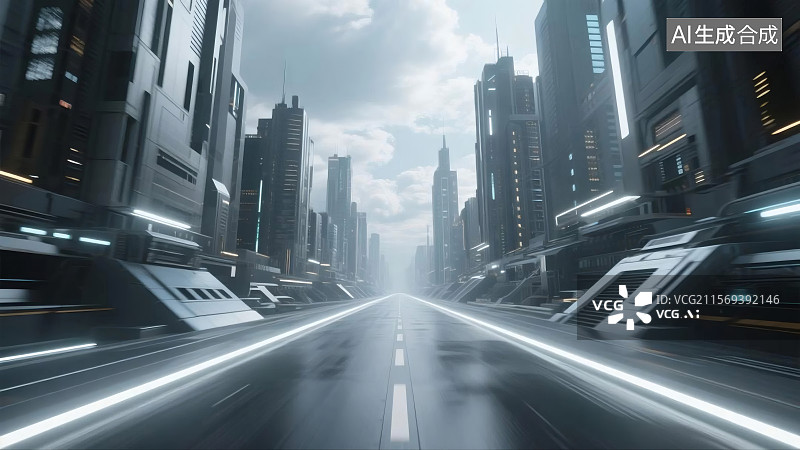 【AI数字艺术】未来城市中高楼林立，道路延伸，天空阴沉，充满科幻感图片素材
