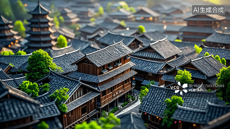 【AI数字艺术】微缩景观风格国风苗寨三维插画图片素材
