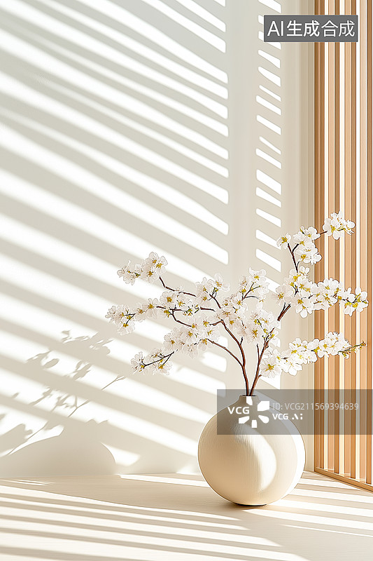 【AI数字艺术】春日阳光下的白色花瓶与枝条图片素材