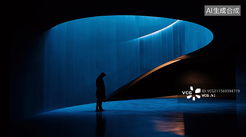【AI数字艺术】蓝色曲线空间中的孤独身影图片素材