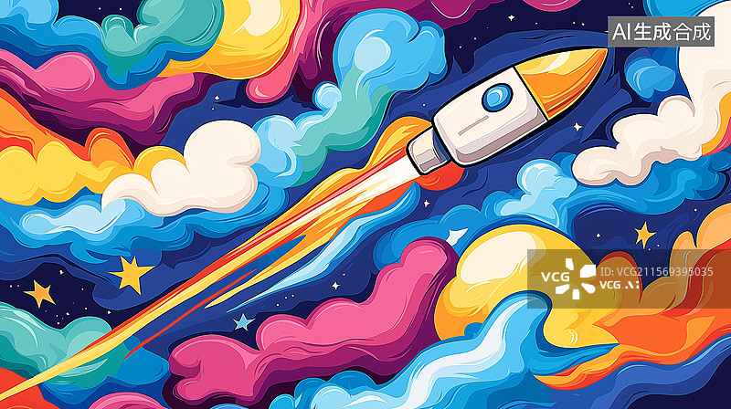 【AI数字艺术】梦幻的彩色火箭插画图片素材