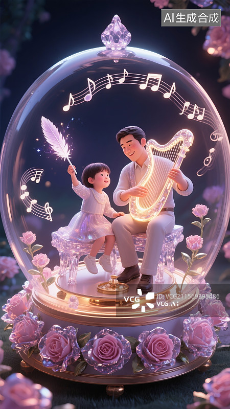 【AI数字艺术】父亲节发光八音盒里父亲弹奏竖琴孩子拿着羽毛笔周围水晶玫瑰图片素材