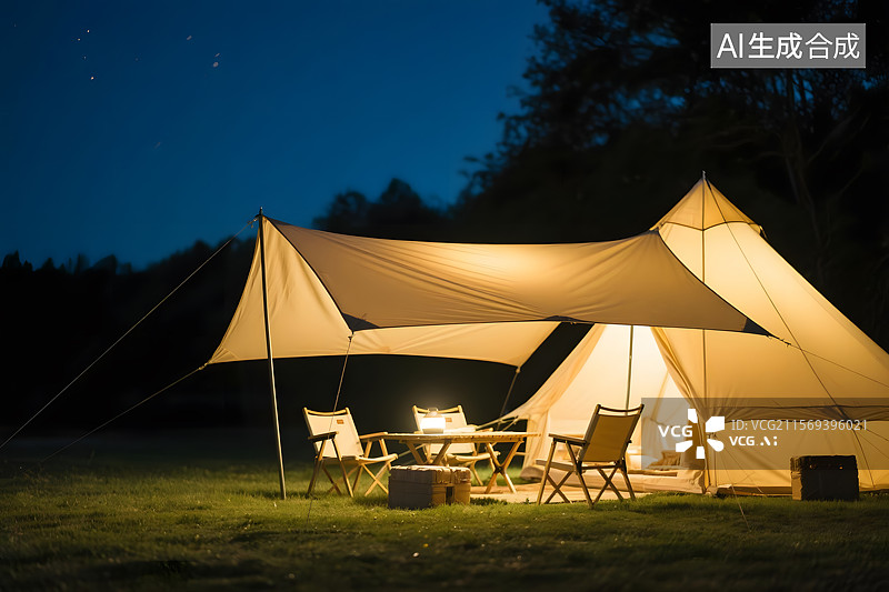 【AI数字艺术】夜幕下的精致露营天幕图片素材