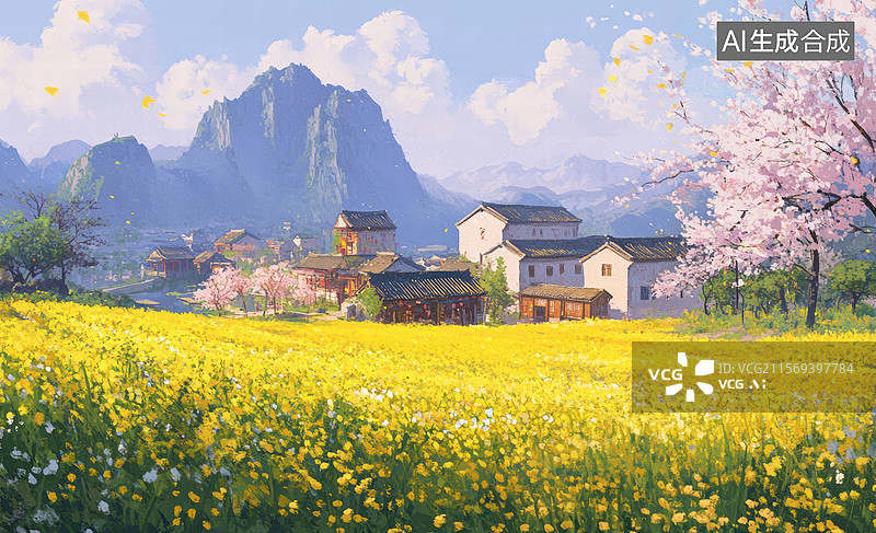 【AI数字艺术】一幅美丽的春日风景画。画面中，前景是一片盛开的花田，点缀着白色和黄色的小花，两侧是粉红色的樱花树。图片素材