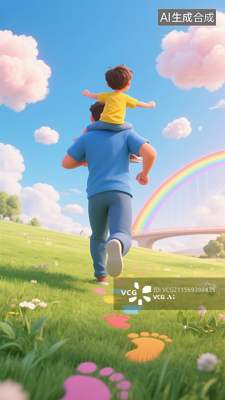 【AI数字艺术】爸爸驮着孩子在草地上奔跑，身后留下彩色脚印，天空飘着棉花糖般的云朵，远处的彩虹桥散发柔和光芒图片素材