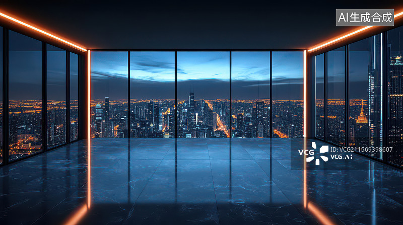【AI数字艺术】都市夜景与玻璃幕墙的现代空间图片素材