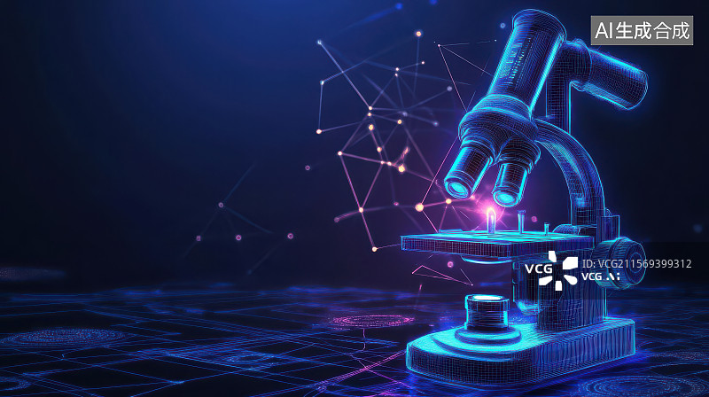 【AI数字艺术】科技蓝光显微镜与数据网络特写图片素材