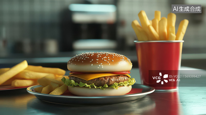 【AI数字艺术】美式快餐组合与暖调光影氛围图片素材