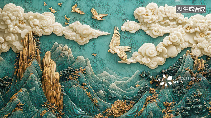 【AI数字艺术】云海松涛与金色山峦的国画意境图片素材