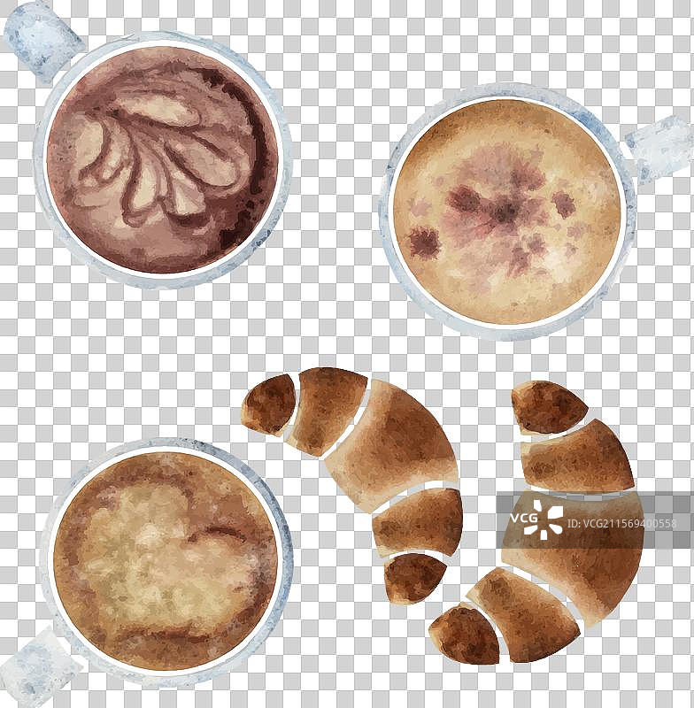 手绘水彩咖啡拿铁的组合图案图片素材