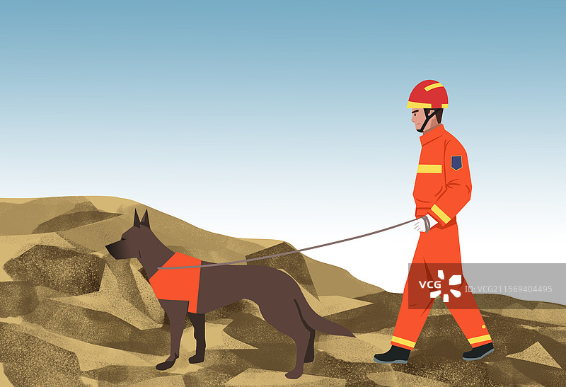 地震地质危害危险大自然生态环境破坏泥石流抢险救灾搜救犬狗消防救助帮助插画图片素材