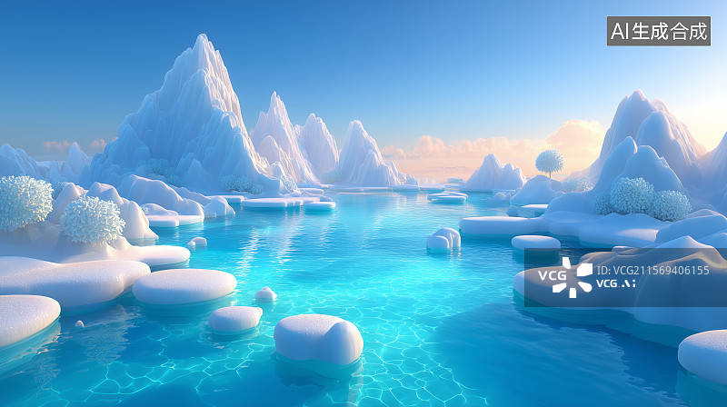 【AI数字艺术】冰雪覆盖的蓝色水域景观图片素材