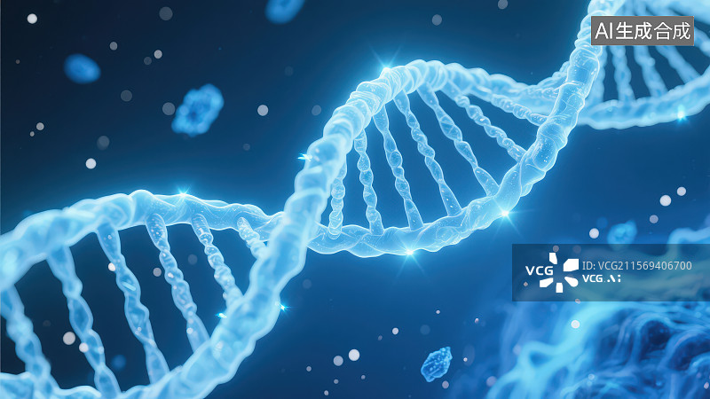 【AI数字艺术】微观世界里的DNA 染色体螺旋结构，未来智慧医疗基因检测科技概念背景图片素材