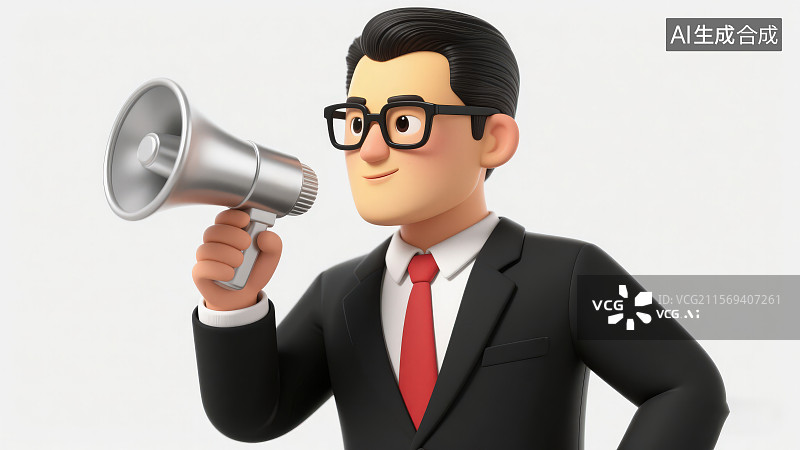 【AI数字艺术】白色背景下一个穿西装打领带戴眼镜的卡通男性商人白领站着手拿扩音器喇叭，商务金融投资理财储蓄概念图片素材
