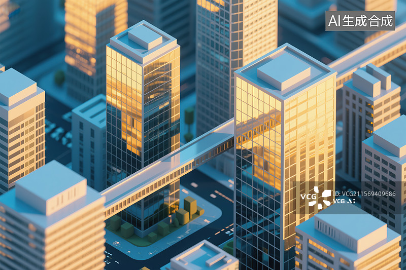 【AI数字艺术】现代都市空中连廊建筑景观插画图片素材