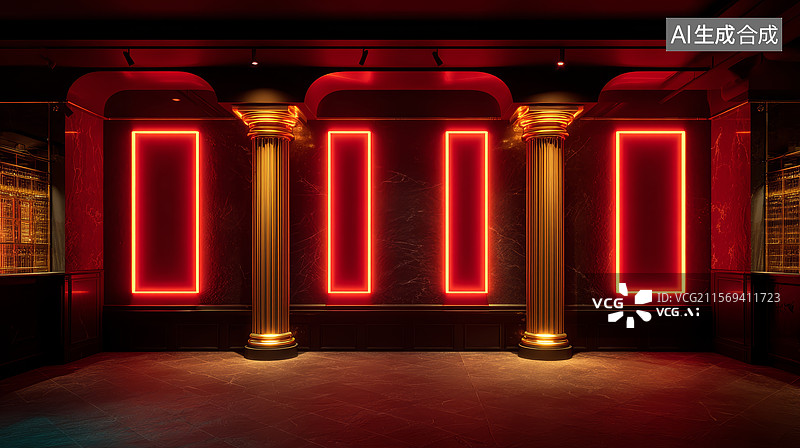 【AI数字艺术】立柱灯光暖色调室内场景图片素材