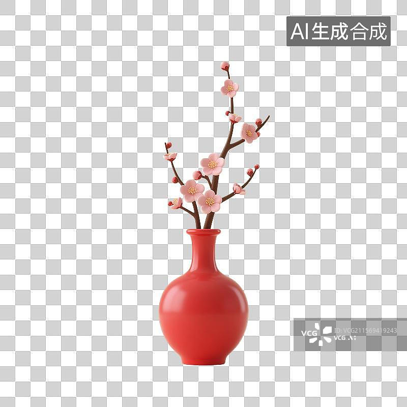 【AI数字艺术】3D渲染，中国风喜庆的红梅，春节大红色梅花，红色梅瓶，花瓶插花，新年，插花免抠素材图片素材
