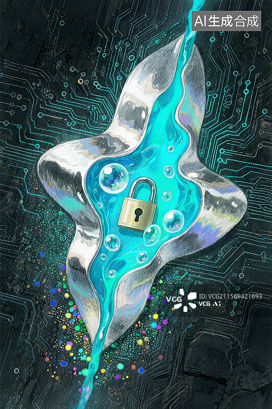【AI数字艺术】电路板上的液态锁图片素材