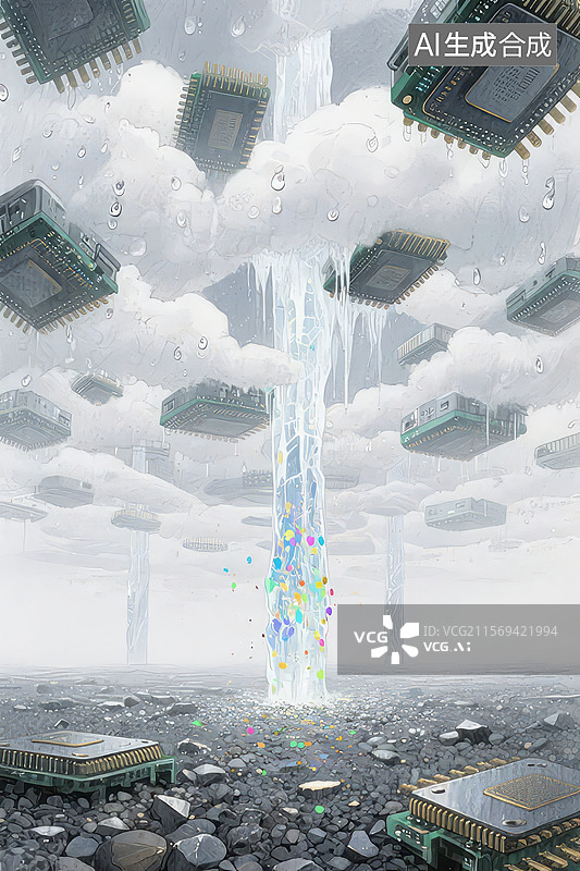 【AI数字艺术】悬浮芯片与彩虹瀑布图片素材