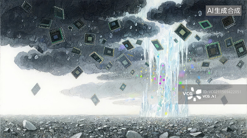 【AI数字艺术】电路板从云中飘落图片素材