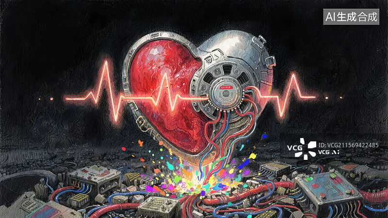 【AI数字艺术】机械心脏与电路板的融合图片素材