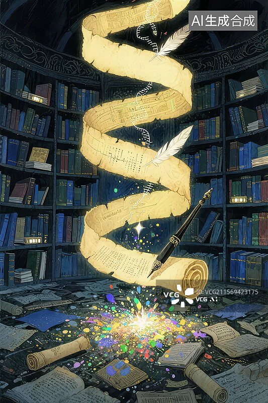 【AI数字艺术】魔法图书馆中的卷轴与羽毛笔图片素材