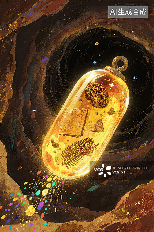 【AI数字艺术】瓶中宇宙：神秘的发光瓶子里的微小世界图片素材