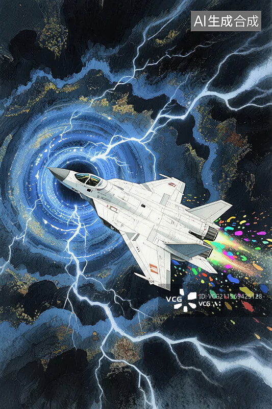 【AI数字艺术】战斗机穿越闪电漩涡图片素材