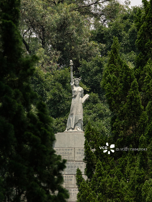 透过树梢看黄花岗自由女神像图片素材