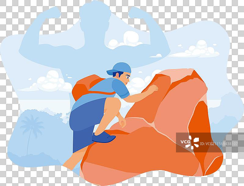 一个背着包的强壮男人正在攀爬一座山。图片素材