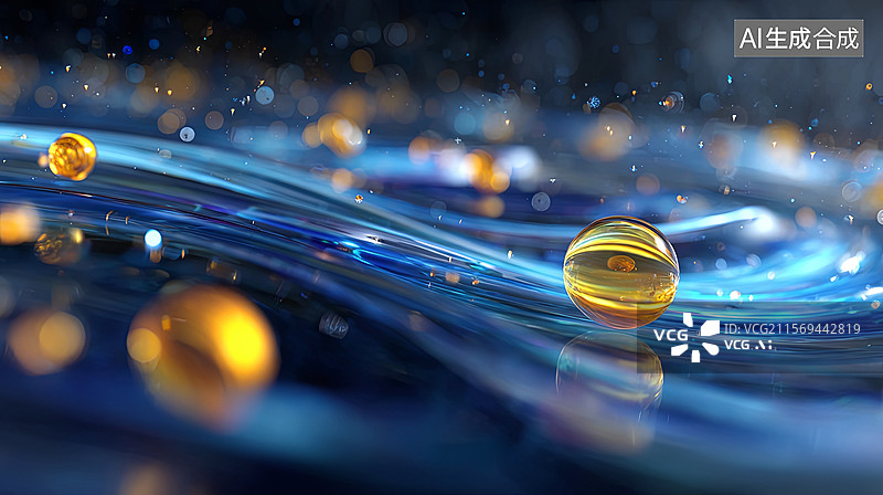 【AI数字艺术】流动的金色球体与蓝色波纹图片素材