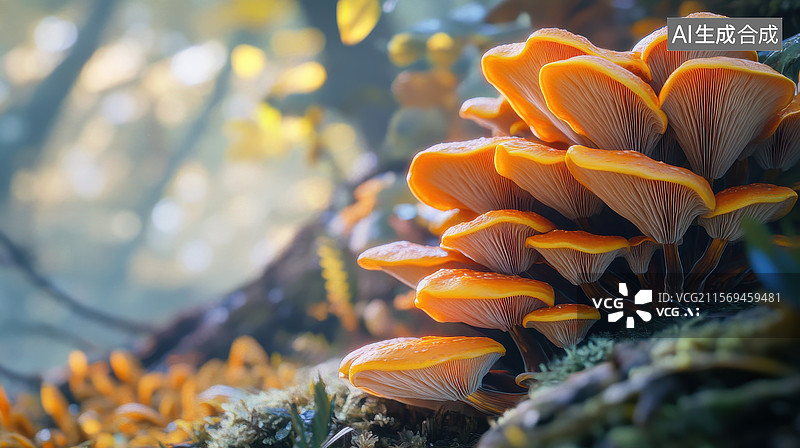 【AI数字艺术】森林中的橙色蘑菇群图片素材