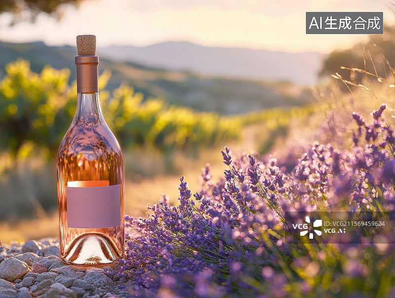 【AI数字艺术】薰衣草田中的玫瑰酒瓶图片素材